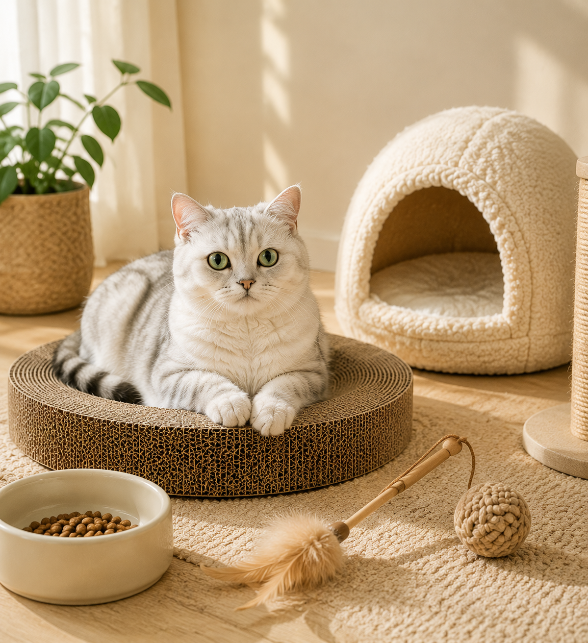 Cat essentials for play and comfort in a modern home