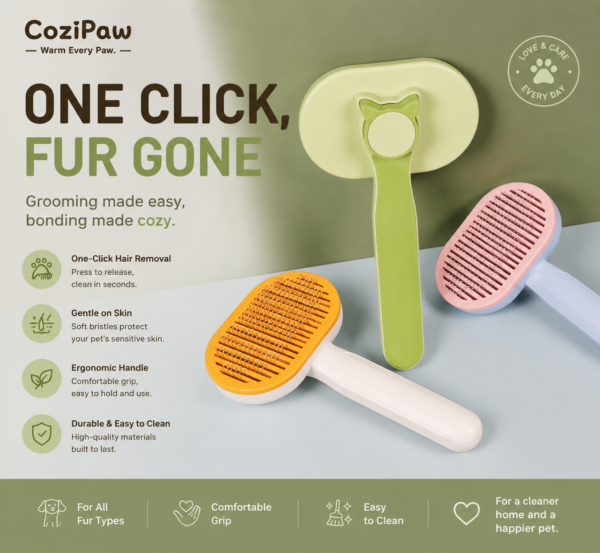 CoziPaw self-cleaning brush removing loose hair from a pet coat