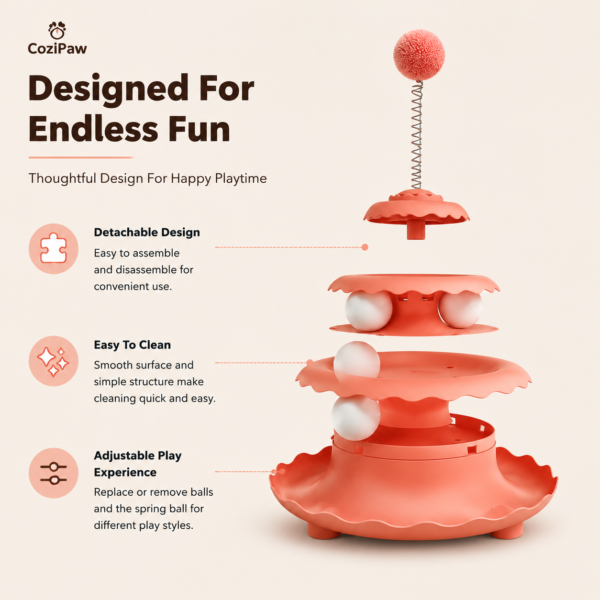 Interactive cat enrichment toy showing multiple play benefits for indoor cats
