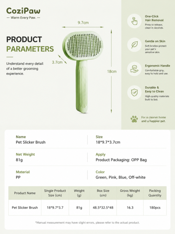 CoziPaw pet grooming brush with easy-cleaning button