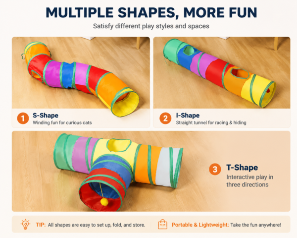 CoziPaw indoor cat tunnel showing curved, straight, and multi-way play layouts