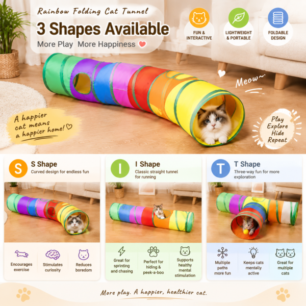 CoziPaw rainbow cat tunnel with S Shape I Shape and T Shape options